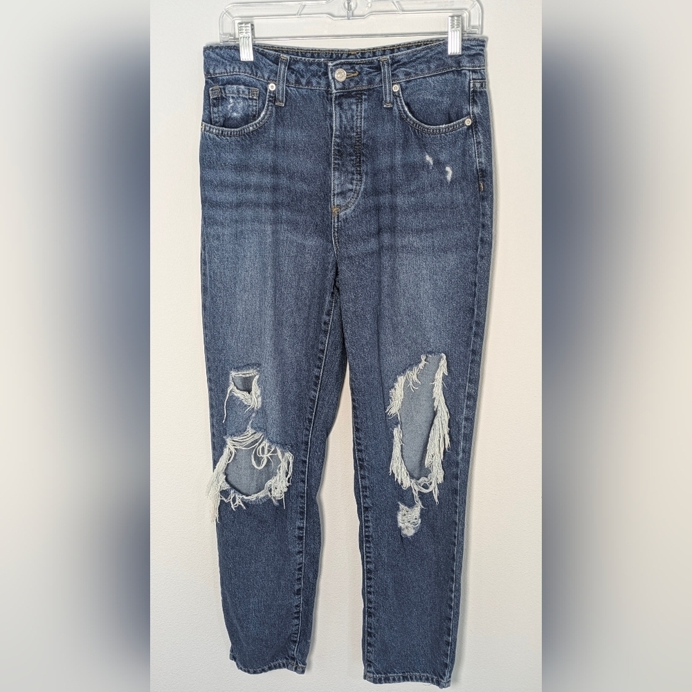 Forever 21 Ripped High Rise Mom Jeans Blue Medium Wash Denim Buttonfly Womens 27